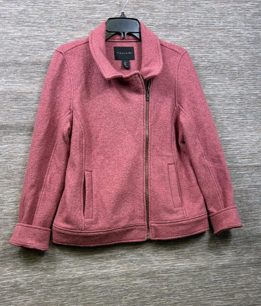 Tahari Boiled Wool Blend Zip Moto Jacket Womens Size L Burgundy Long Sleeve